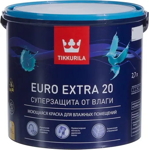 Тиккурила Euro Extra 20 Суперзащита от Влаги моющаяся краска для влажных помещений (2.7 л) белая