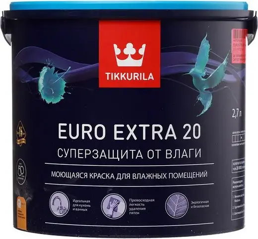 Тиккурила Euro Extra 20 Суперзащита от Влаги моющаяся краска для влажных помещений (2.7 л) бесцветная