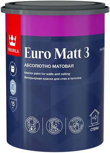 Тиккурила Euro Matt 3 Абсолютно Матовая интерьерная краска для стен и потолка (900 мл) белая