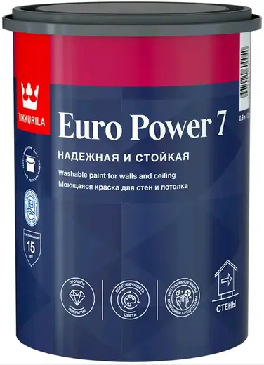 Тиккурила Euro Power 7 Надежная и Стойкая моющаяся краска для стен и потолка (900 мл) белая