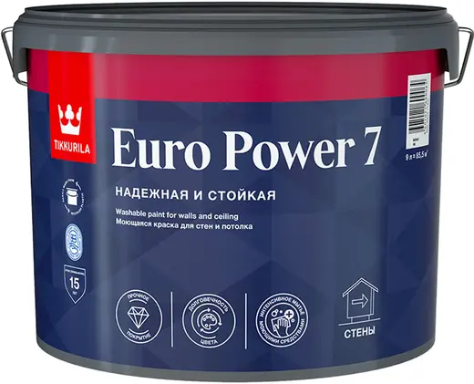 Тиккурила Euro Power 7 Надежная и Стойкая моющаяся краска для стен и потолка (9 л) белая