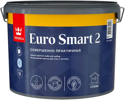 Тиккурила Euro Smart 2 Легкий Ремонт интерьерная краска для стен и потолка (9 л) белая