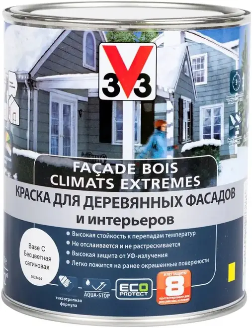 V33 Facade Bois Climats Extremes краска для деревянных фасадов и интерьеров (1 л) бесцветная