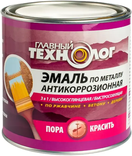 Главный Технолог Высокоглянцевая Быстросохнущая эмаль по металлу антикоррозионная 3 в 1 (2.1 л) белая