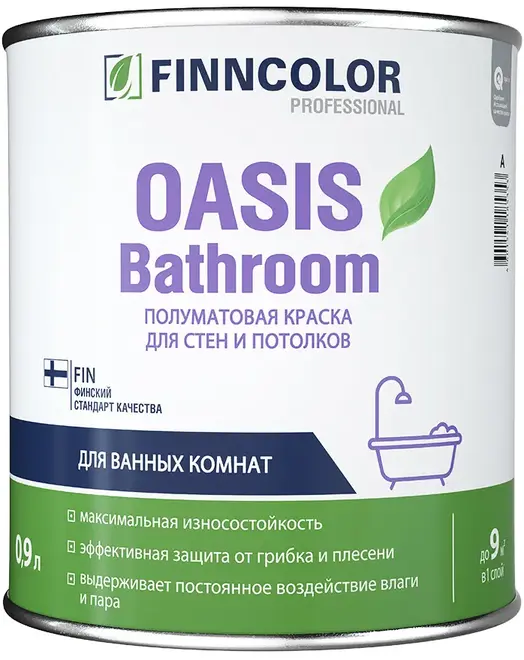 Финнколор Oasis Bathroom полуматовая краска для стен и потолков для ванных комнат (900 мл) белая