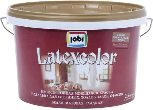Jobi Latexcolor износостойкая моющаяся краска гладкая интерьерная (2.5 л) белая база A неморозостойкая
