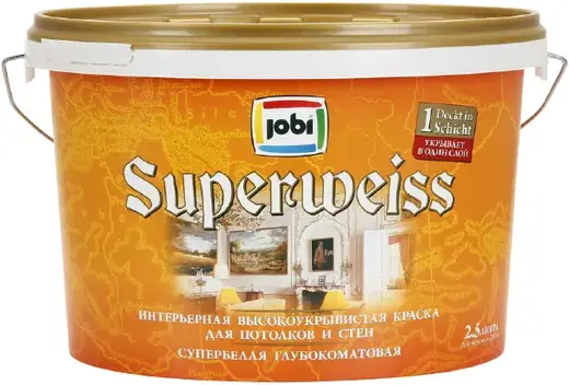 Jobi Superweiss интерьерная влагостойкая краска гладкая супербелая акриловая (2.5 л) белая морозостойкая