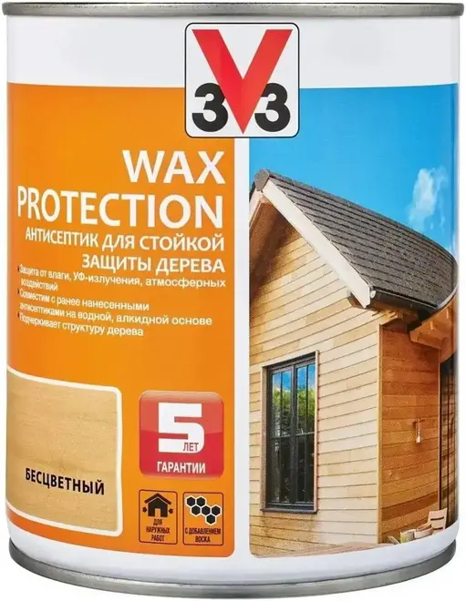 V33 Wax Protection антисептик для стойкой защиты дерева с добавлением воска (900 мл) белый