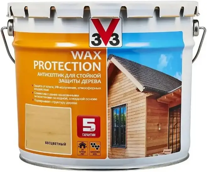 V33 Wax Protection антисептик для стойкой защиты дерева с добавлением воска (9 л) бесцветный