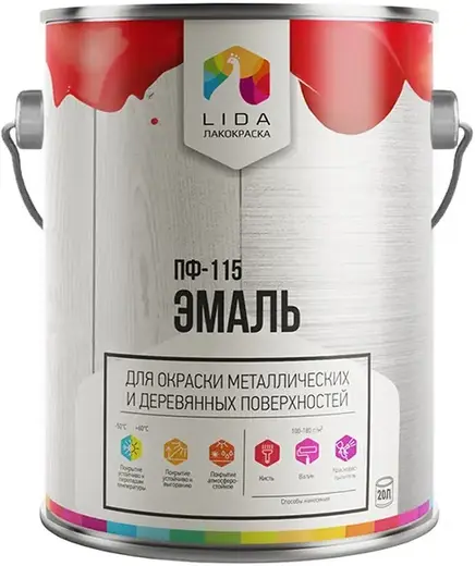 Лакокраска Lida ПФ-115 эмаль для окраски металлических и деревянных поверхностей (20 кг) красная