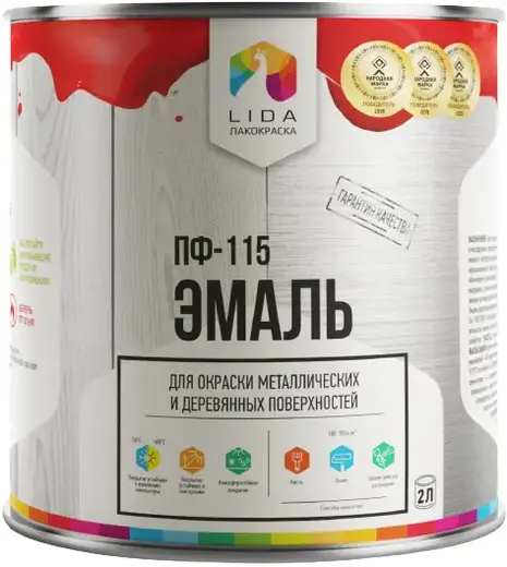 Лакокраска Lida ПФ-115 эмаль для окраски металлических и деревянных поверхностей (1.8 кг) черная