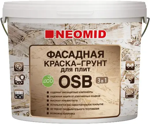Неомид фасадная краска-грунт для плит OSB 3 в 1 (7 кг) белая