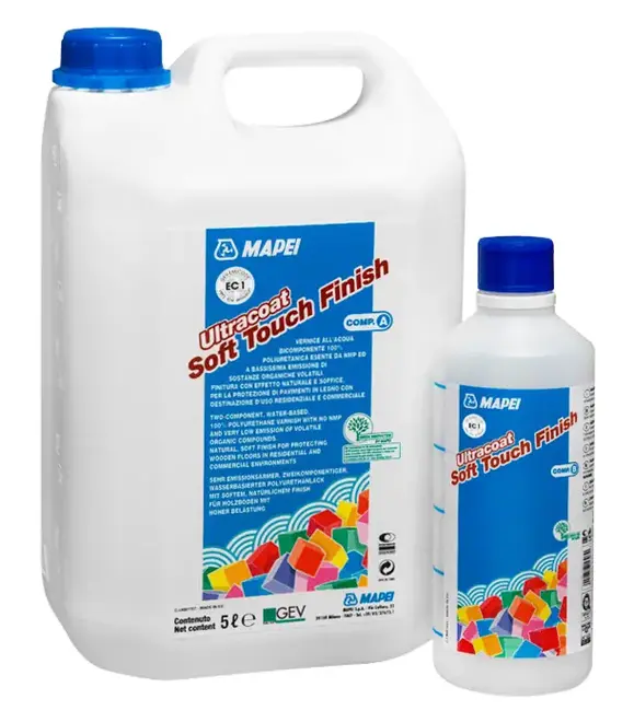 Mapei Ultracoat Soft Touch Finish 2-комп полиуретановый лак на водной основе (5.5 л (1 канистра * 5 л + 1 бутылка 500 мл)