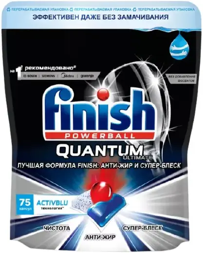 Finish Powerball Quantum Ultimate капсулы для мытья посуды в посудомоечной машине (75 капсул) 1 пачка дой-пак