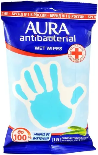 Aura Antibacterial Derma Protect Алоэ салфетки влажные антибактериальные (15 салфеток в пачке)