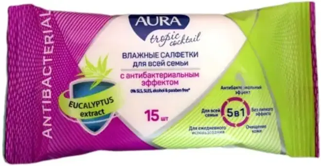 Aura Tropic Cocktail салфетки влажные с антибактериальным эффектом (15 салфеток в пачке)