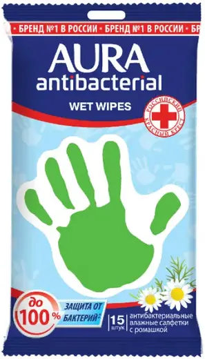 Aura Antibacterial Ромашка салфетки влажные антибактериальные (15 салфеток в пачке)