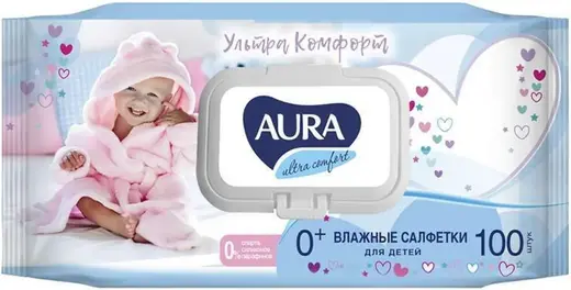 Aura Ultra Comfort салфетки влажные для детей 0+ (100 салфеток в пачке с клапаном)