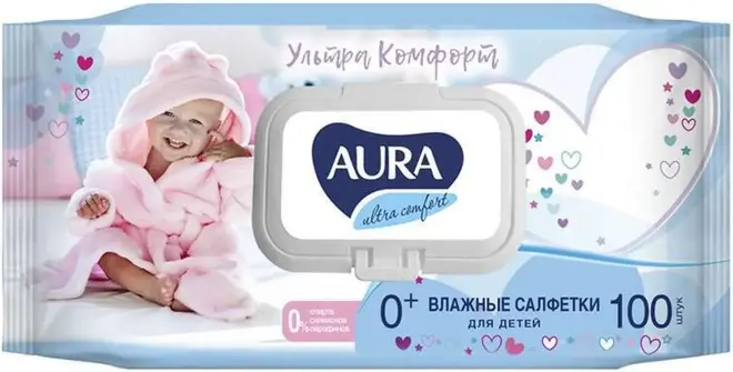 Aura Ultra Comfort салфетки влажные для детей 0+ (100 салфеток в пачке с клапаном)