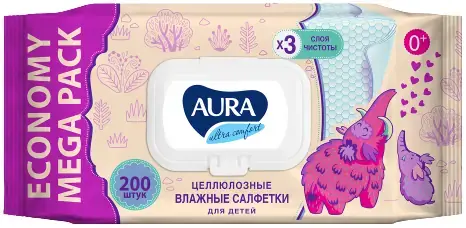 Aura Ultra Comfort салфетки влажные целлюлозные для детей 0+ (200 салфеток в пачке)