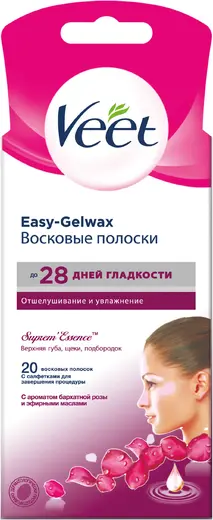Veet Easy-Gelwax с Ароматом Бархатной Розы и Эфирными Маслами восковые полоски (1 пачка) 20 восковых полосок + 4 салфетки