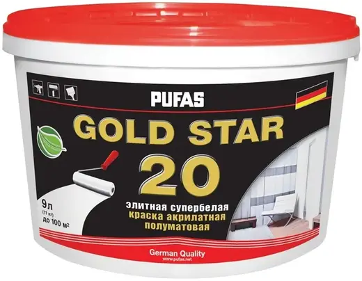 Пуфас Gold Star 20 элитная супербелая краска акрилатная полуматовая (9 л) бесцветная