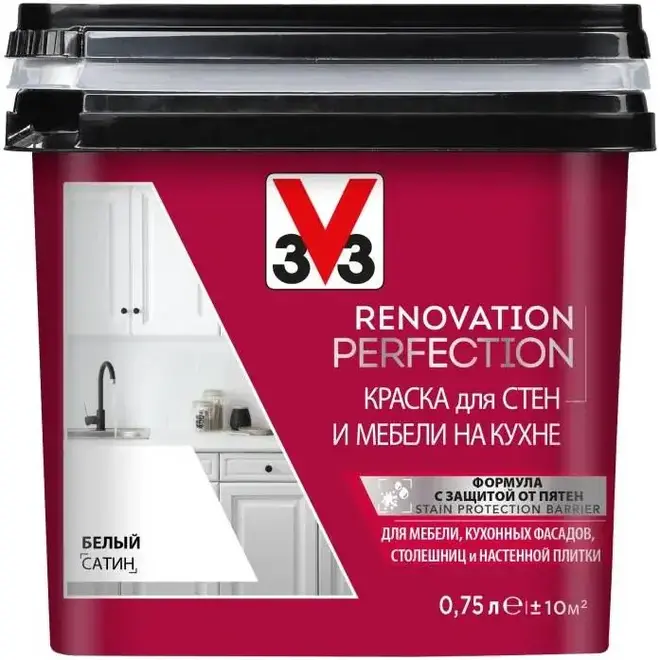 V33 Renovation Perfection краска для стен и мебели на кухне (750 мл) белая