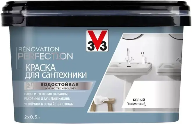 V33 Renovation Perfection краска для сантехники с защитным покрытием (1 л (500 мл (краска) + 500 мл (лак) белая