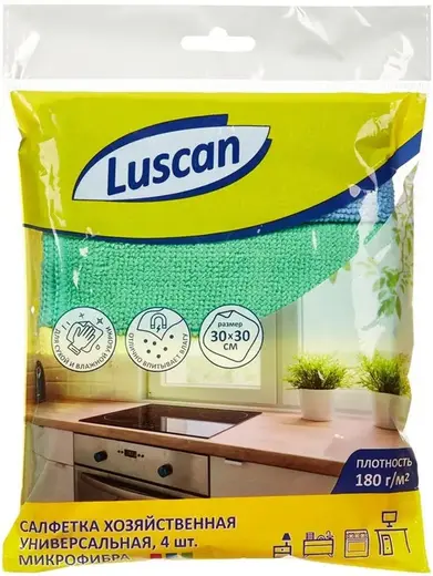 Luscan салфетка хозяйственная универсальная микрофибра (4 салфетки 300*300 мм) микрофибра 180 г/кв.м