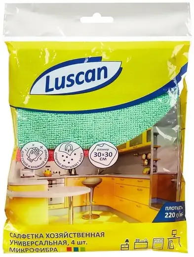 Luscan салфетка хозяйственная универсальная микрофибра (4 салфетки 300*300 мм) микрофибра 220 г/кв.м