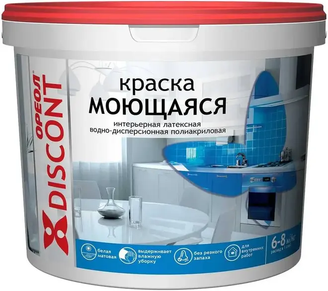 Ореол Discont краска моющаяся интерьерная латексная полиакриловая (13 кг) белая