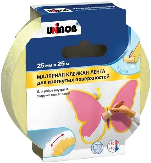 Unibob Профи малярная клейкая лента для изогнутых поверхностей (25*25 м/38 мкм) желтая