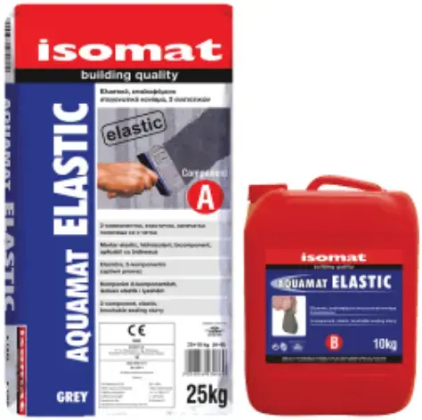 Isomat Aquamat-Elastic эластичный обмазочный гидроизоляционный раствор (35 кг (1 мешок * 25 кг+ 1 канистра * 10 кг) серый