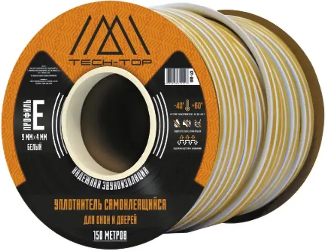 Tech-Top уплотнитель для окон и дверей самоклеящийся (9*150 м/4 мм) E-профиль белый
