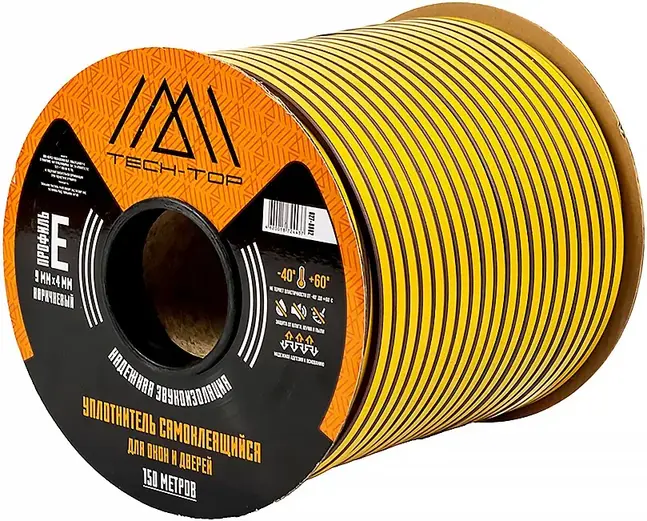 Tech-Top уплотнитель для окон и дверей самоклеящийся (9*150 м/4 мм) E-профиль коричневый