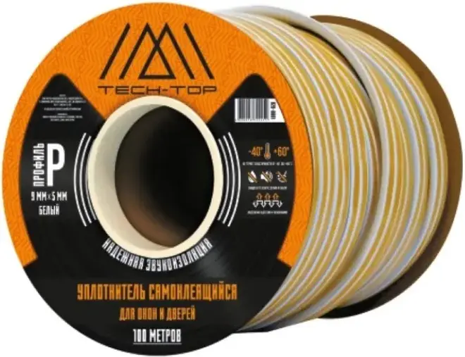 Tech-Top уплотнитель для окон и дверей самоклеящийся (9*100 м/5 мм) P-профиль белый