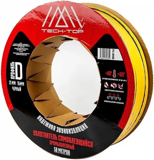Tech-Top уплотнитель самоклеящийся промышленный (21*50 м/15 мм) черный