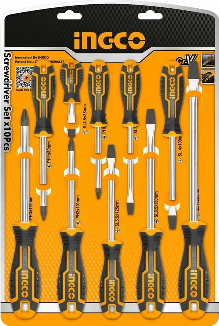 Ingco Industrial набор отверток (10 предметов) SL, PH CrV (хромованадиевая сталь) 75 мм, 100 мм, 125 мм, 150 мм, 38 мм, 200 мм (плоский шлиц), 60 мм,