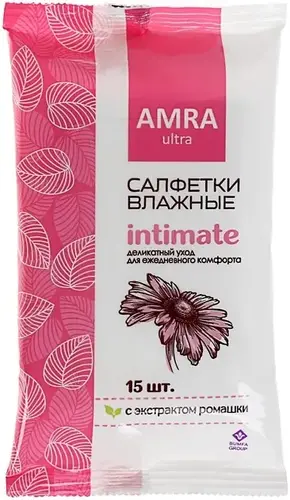 Amra Intimate с Экстрактом Ромашки салфетки влажные для интимной гигиены (15 салфеток в пачке)