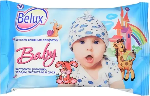 Belux Baby Экстракты Ромашки Череды Чистотела и Алоэ салфетки влажные детские (15 салфеток в пачке)