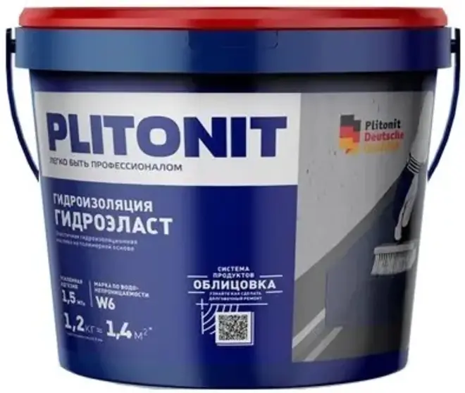 Плитонит Гидроэласт эластичная гидроизоляционная мастика на полимерной основе (1.2 кг)