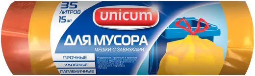 Мешки для мусора с завязками Unicum Premium (15 пакетов в рулоне) 35 л желтые