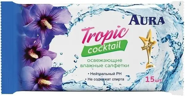 Aura Tropic Cocktail салфетки влажные освежающие (15 салфеток в пачке)