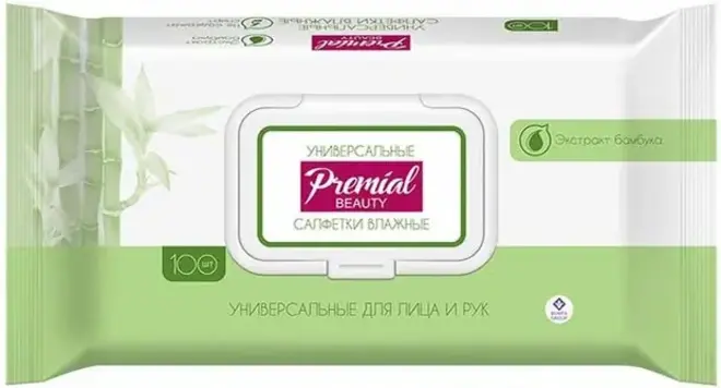 Premial Natural с Экстрактом Бамбука салфетки влажные универсальные для лица и рук (100 салфеток в пачке)