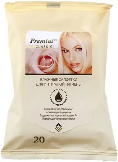 Premial Intimate с Молочной Кислотой салфетки влажные для интимной гигиены парфюмированные (20 салфеток в пачке)