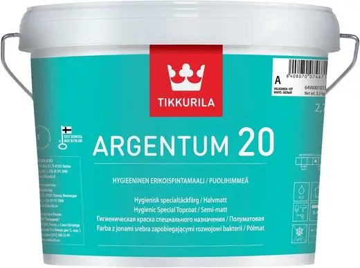 Тиккурила Argentum 20 гигиеническая краска специального назначения полуматовая (2.7 л) белая