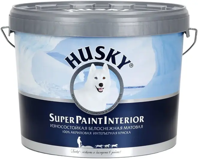 Хаски Super Paint Interior краска износостойкая матовая 100% акриловая интерьерная (10 л) белоснежная база A до –20°С