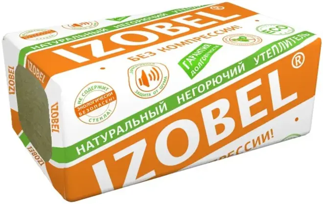 Изовол Izobel Л-25 натуральный негорючий изоляционный материал (0.6*1.2 м/100 мм) 4 плиты