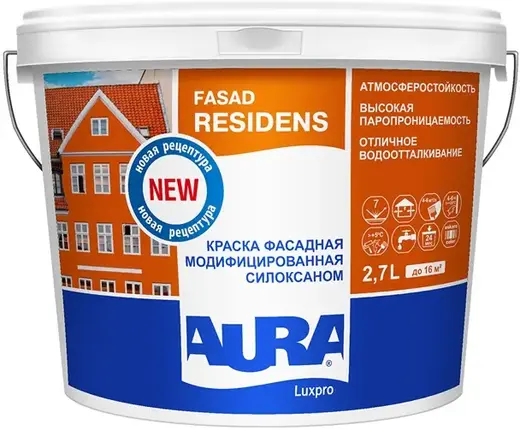 Аура Luxpro Fasad Residens краска фасадная модифицированная силоксаном (2.7 л) белая