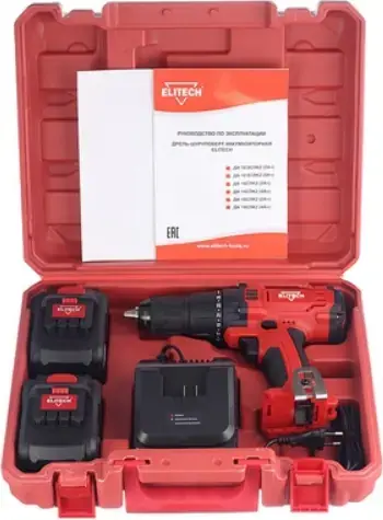 Elitech ДА 18СЛ2 дрель-шуруповерт аккумуляторная №76140 (18 В 1250 об/мин) 1 дрель-шуруповерт + 2 Li-Ion аккумулятора + 1 зарядное устройство + 1 бита